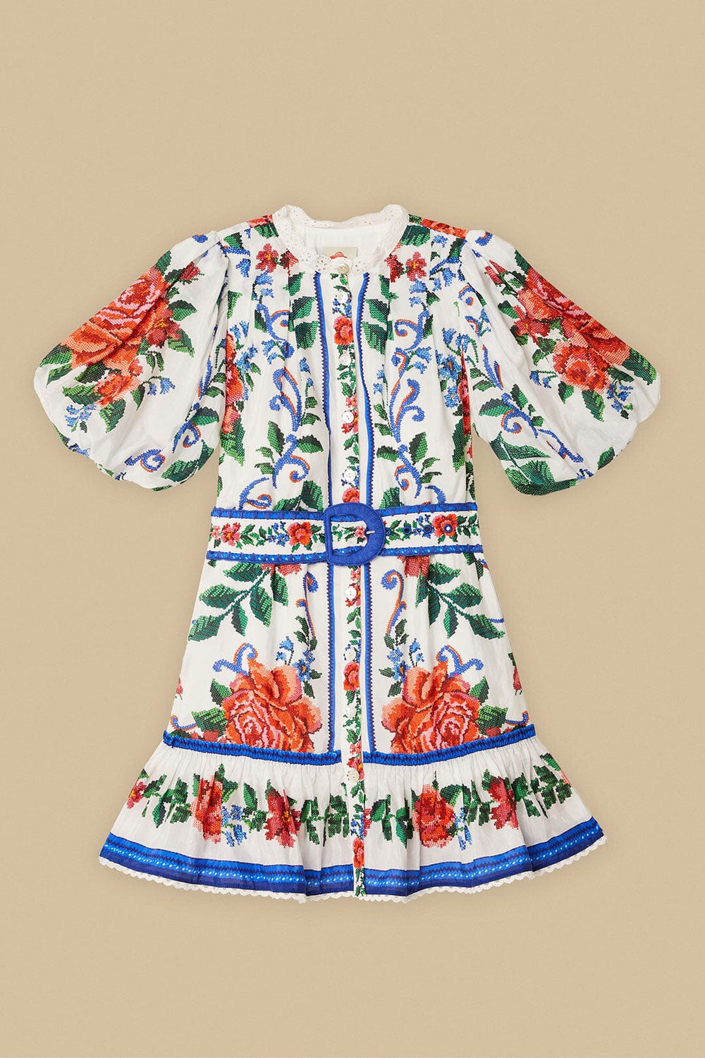 Off-White Flower Tapestry Mini Dress | FARM Rio Women
