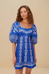 Blue Tropical Cross Stitch Euroflax™ Premium Linen Mini Dress | FARM Rio Women