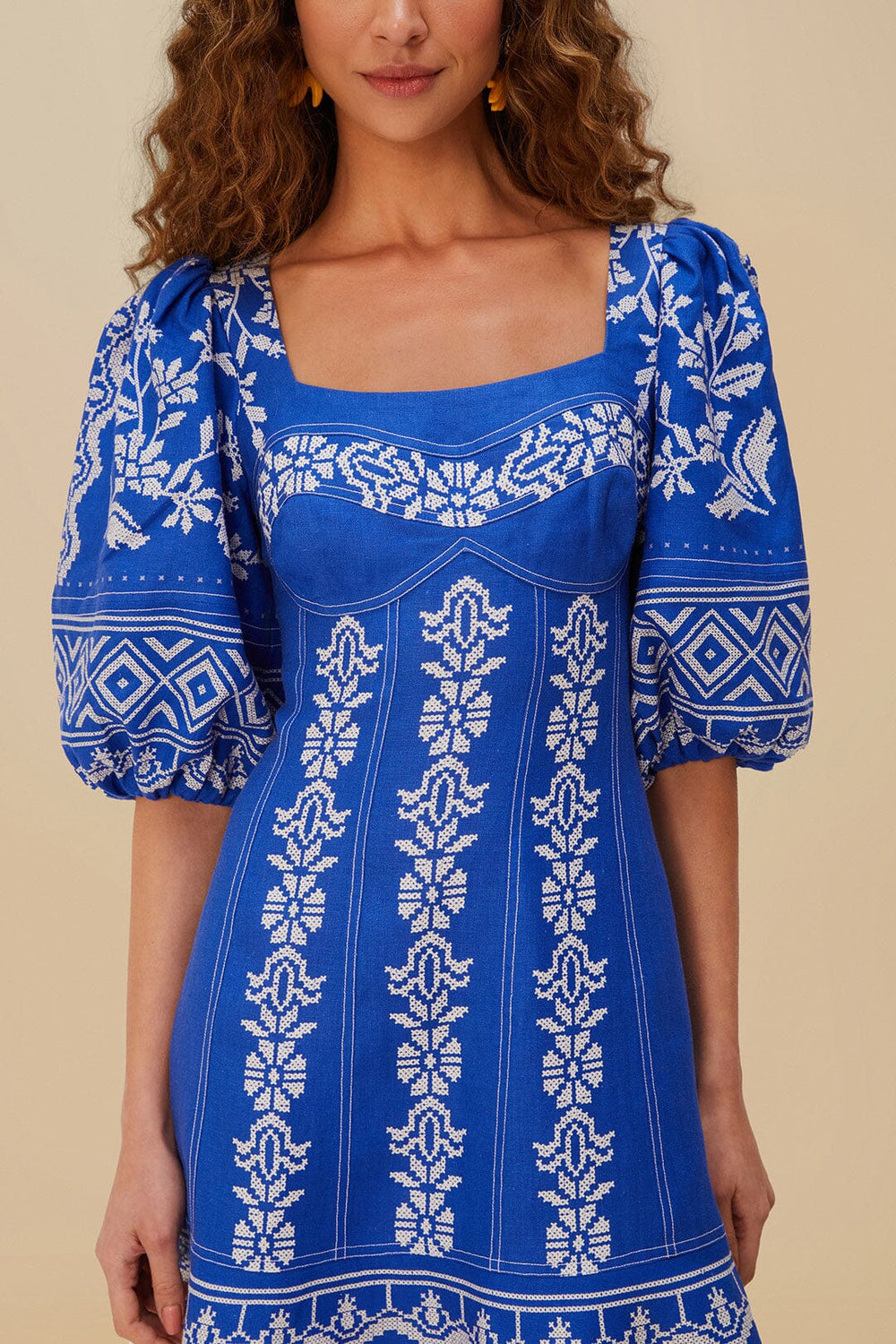 Blue Tropical Cross Stitch Euroflax™ Premium Linen Mini Dress | FARM Rio Women