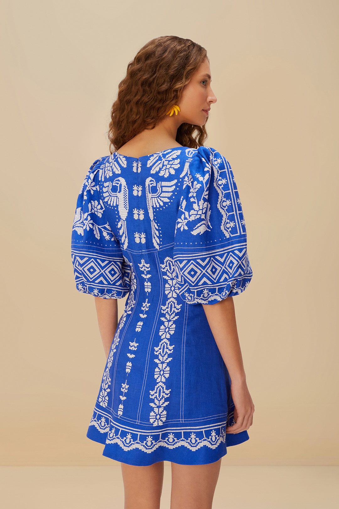 Blue Tropical Cross Stitch Euroflax™ Premium Linen Mini Dress | FARM Rio Women