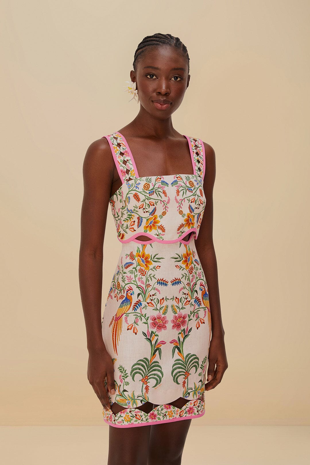 Pink Delicate Forest Euroflax™ Premium Linen Mini Dress | FARM Rio Women