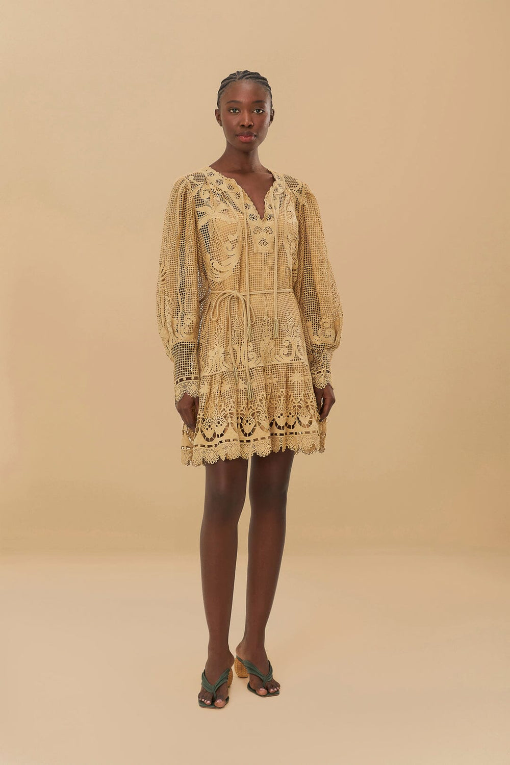 Sand Tropical Flight Guipure Mini Dress | FARM Rio Women