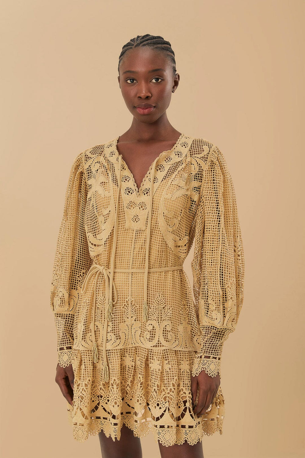 Sand Tropical Flight Guipure Mini Dress | FARM Rio Women