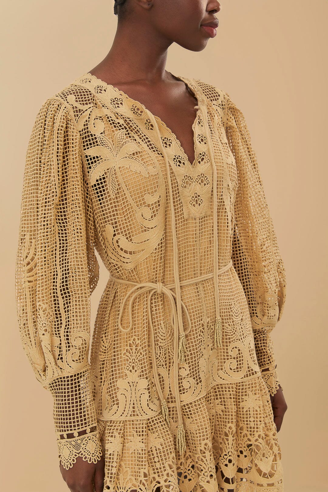 Sand Tropical Flight Guipure Mini Dress | FARM Rio Women