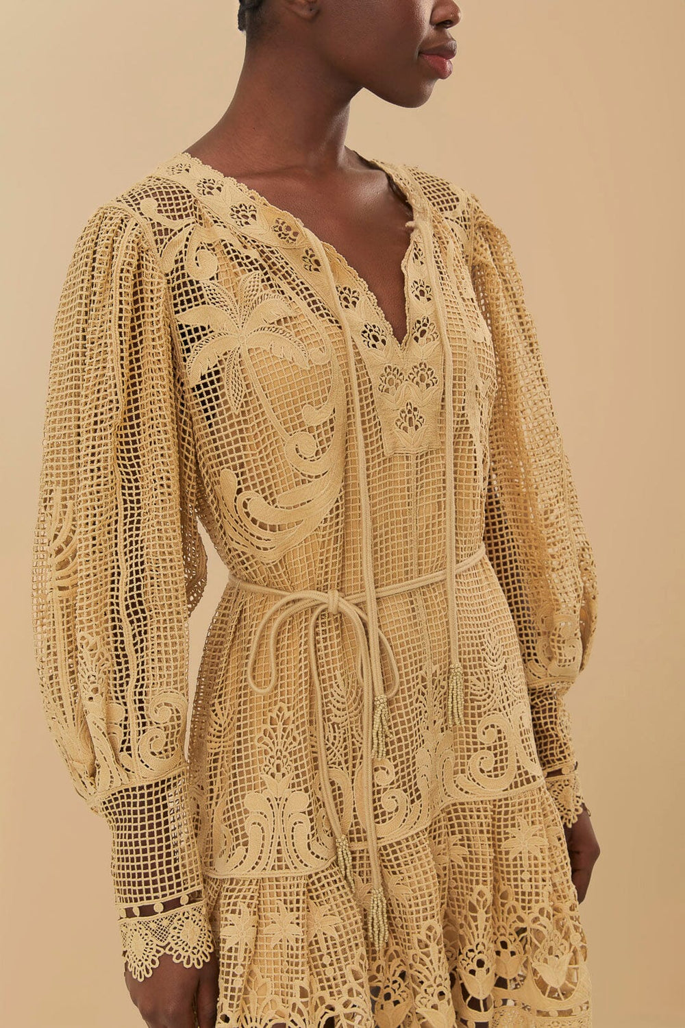 Sand Tropical Flight Guipure Mini Dress | FARM Rio Women