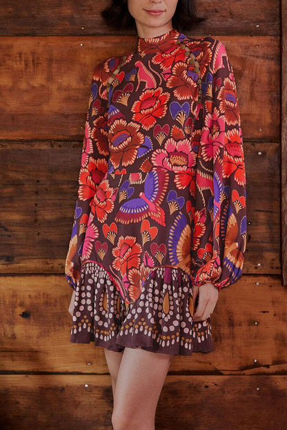 Brown Bright Flora Long Sleeve Mini Dress | FARM Rio Women