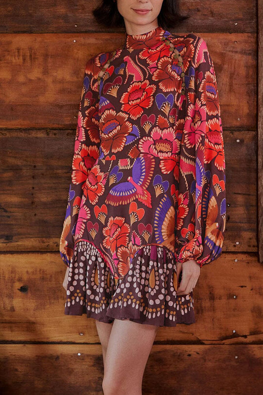 Brown Bright Flora Long Sleeve Mini Dress | FARM Rio Women