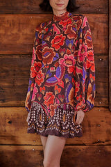 Brown Bright Flora Long Sleeve Mini Dress | FARM Rio Women