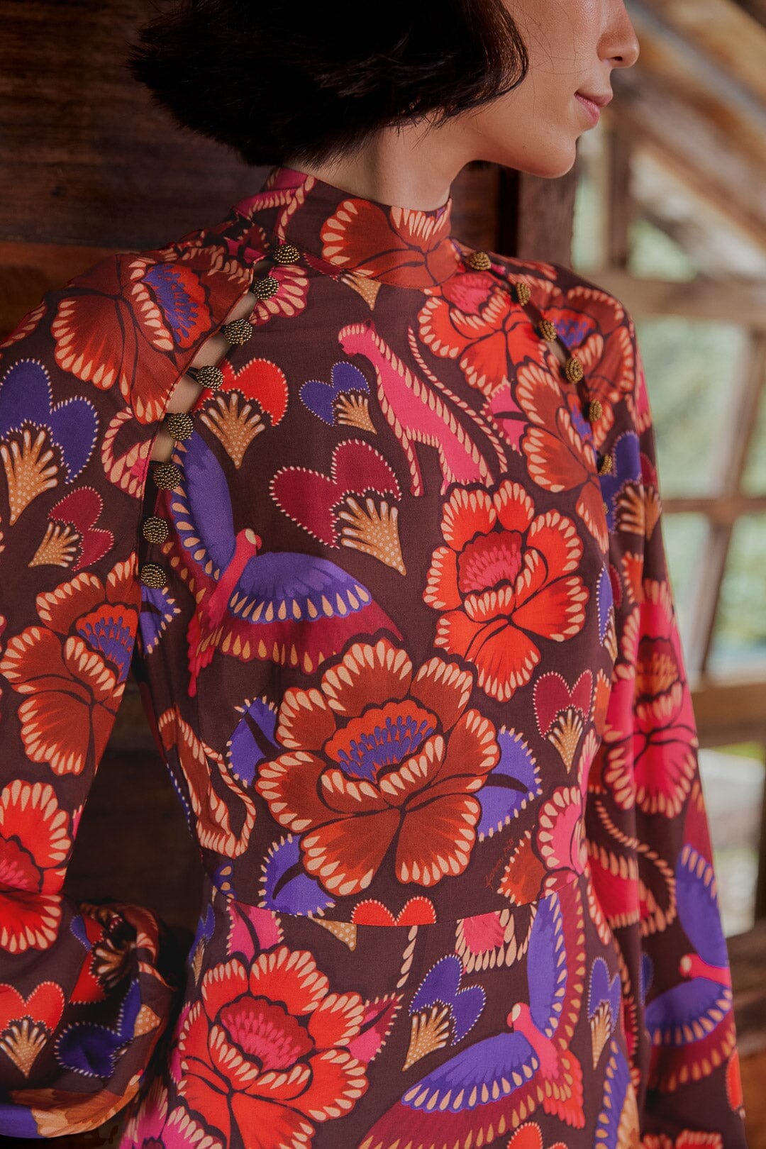 Brown Bright Flora Long Sleeve Mini Dress | FARM Rio Women