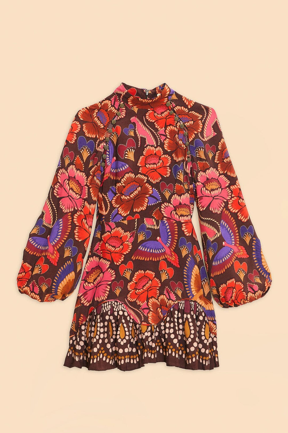 Brown Bright Flora Long Sleeve Mini Dress | FARM Rio Women