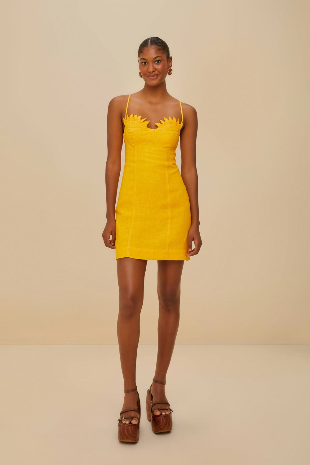 Yellow Sunrise Cup Euroflax™ Premium Linen Mini Dress | FARM Rio Women