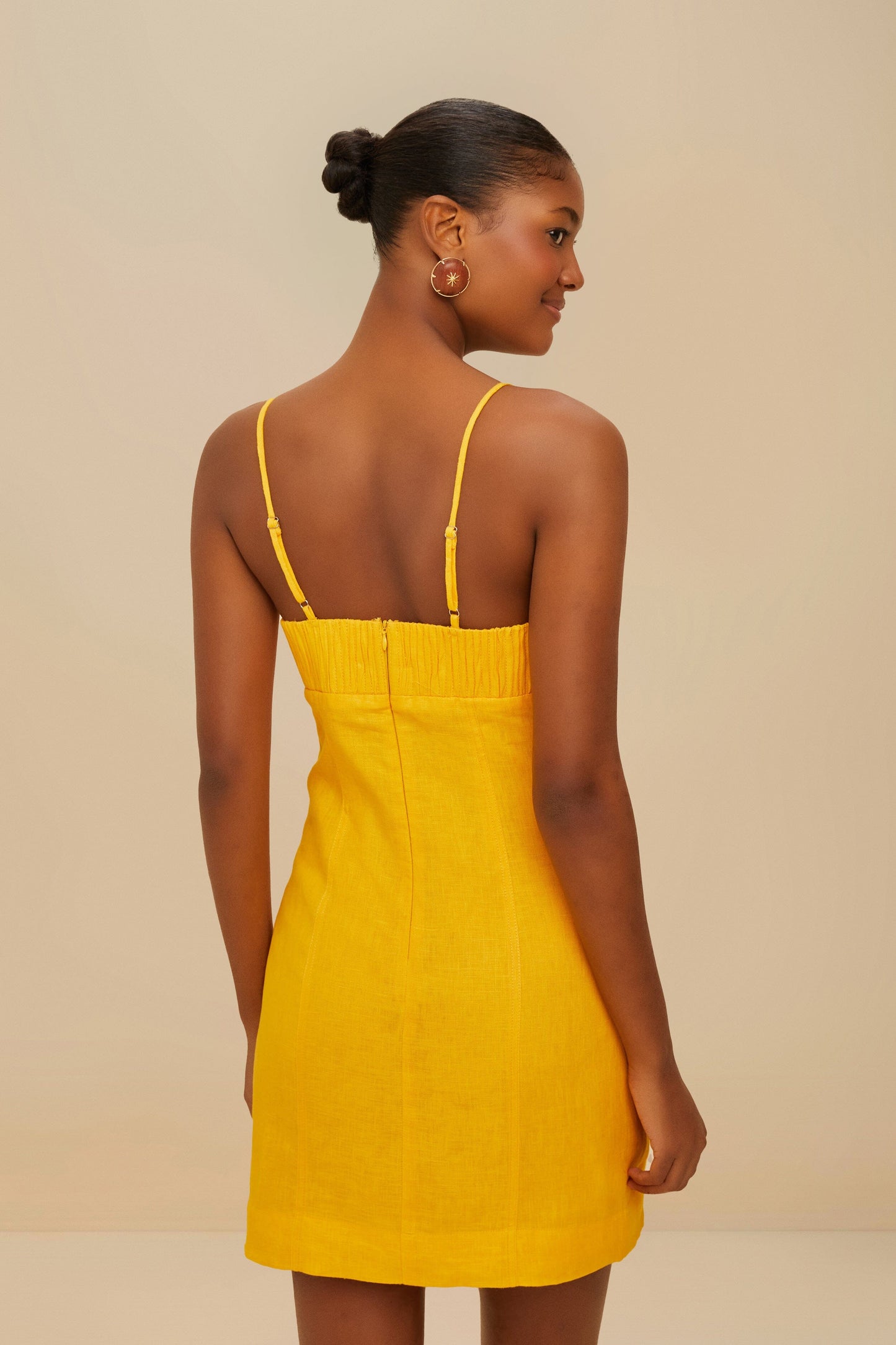 Yellow Sunrise Cup Euroflax™ Premium Linen Mini Dress | FARM Rio Women