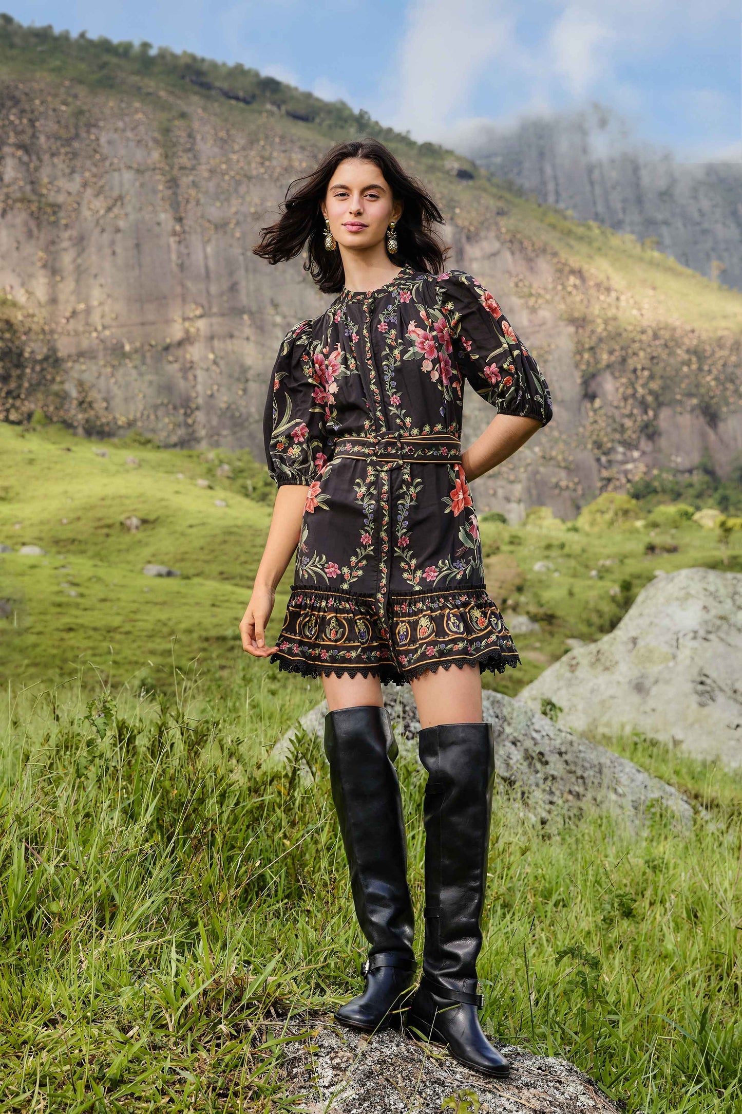 Black Belle Garden Lace Belted Mini Dress | FARM Rio | FARM Rio Women