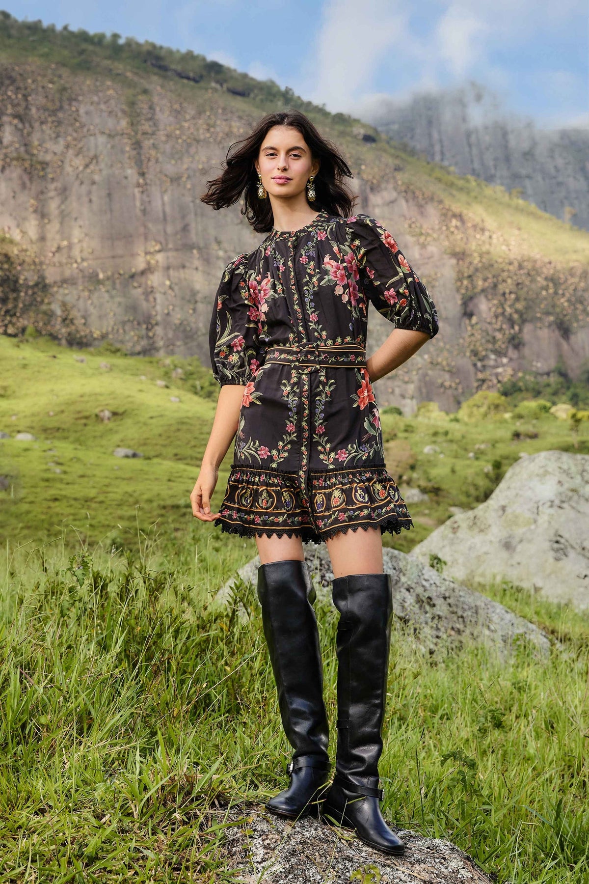 Black Belle Garden Lace Belted Mini Dress | FARM Rio | FARM Rio Women