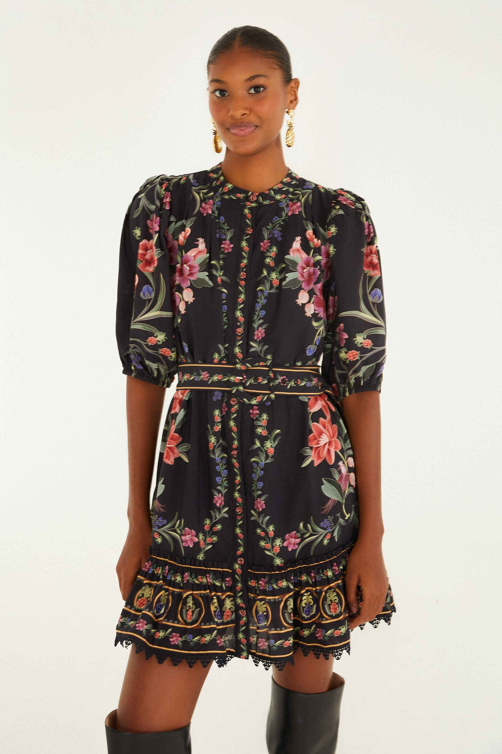 Black Belle Garden Lace Belted Mini Dress | FARM Rio | FARM Rio Women