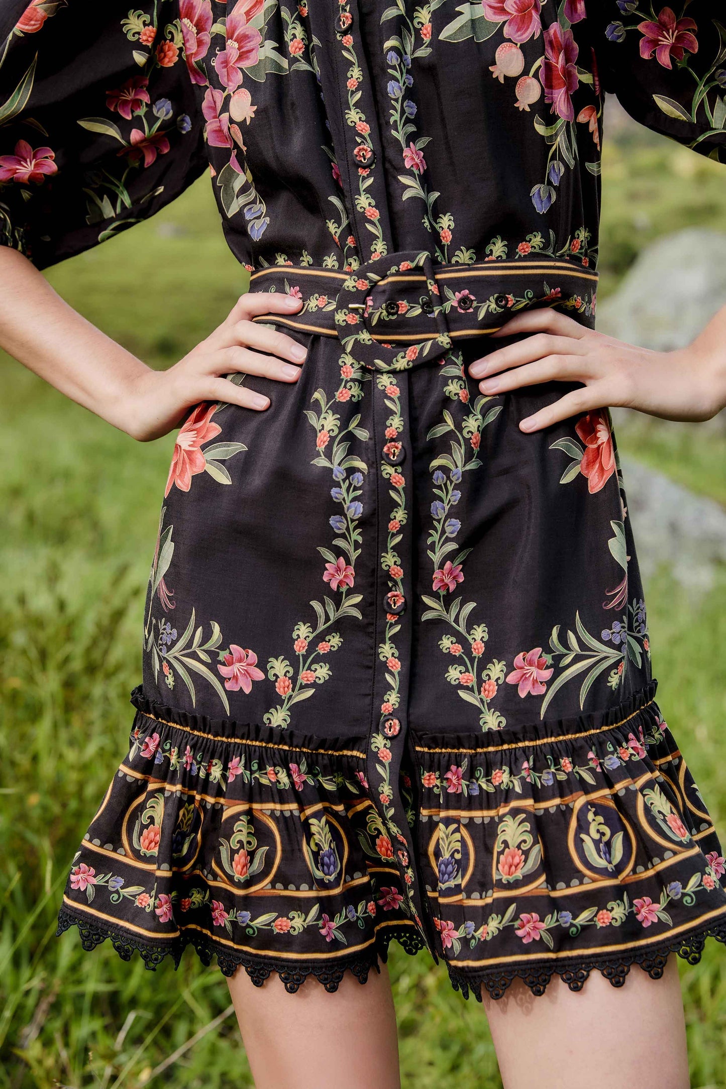 Black Belle Garden Lace Belted Mini Dress | FARM Rio | FARM Rio Women
