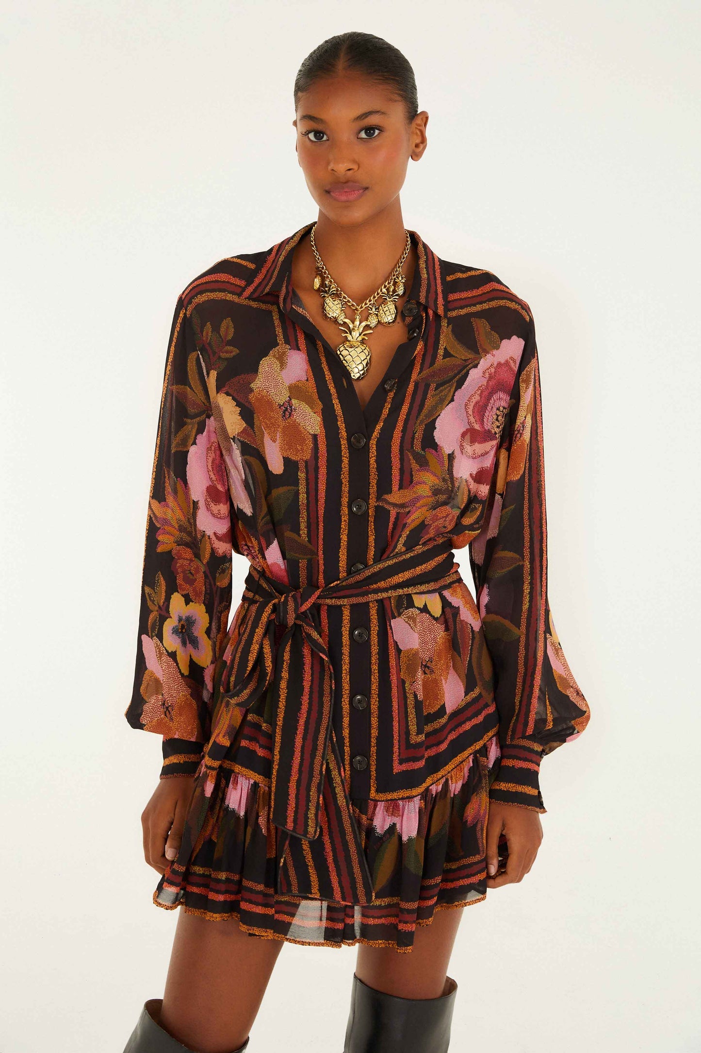 Black Chenille Flowers Belted Long Sleeve Mini Dress | FARM Rio | FARM Rio Women