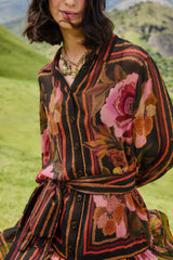 Black Chenille Flowers Belted Long Sleeve Mini Dress | FARM Rio | FARM Rio Women