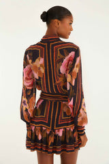 Black Chenille Flowers Belted Long Sleeve Mini Dress | FARM Rio | FARM Rio Women