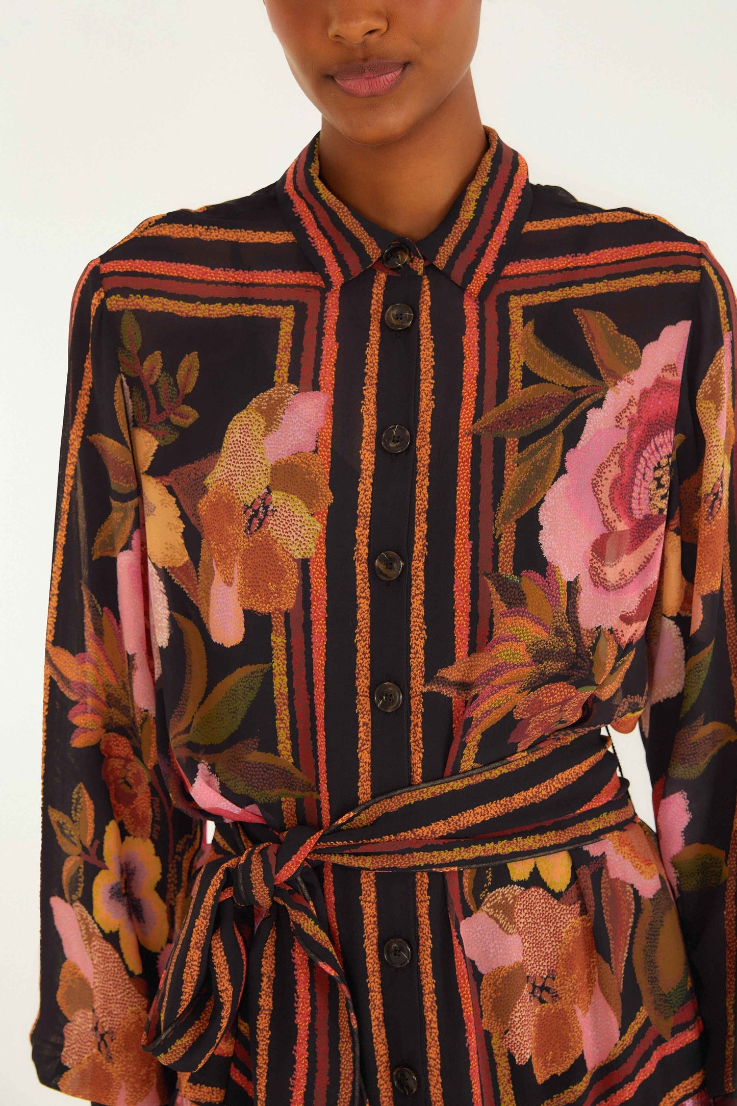 Black Chenille Flowers Belted Long Sleeve Mini Dress | FARM Rio | FARM Rio Women