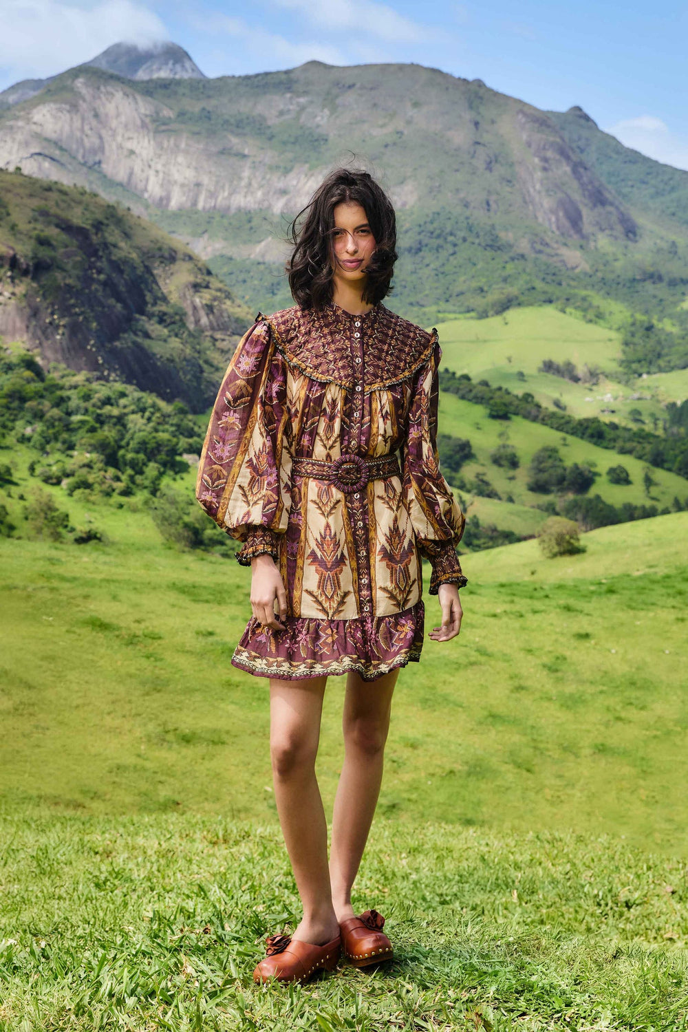 Sand Embroidered Tapestry Long Sleeve Mini Dress | FARM Rio | FARM Rio Women