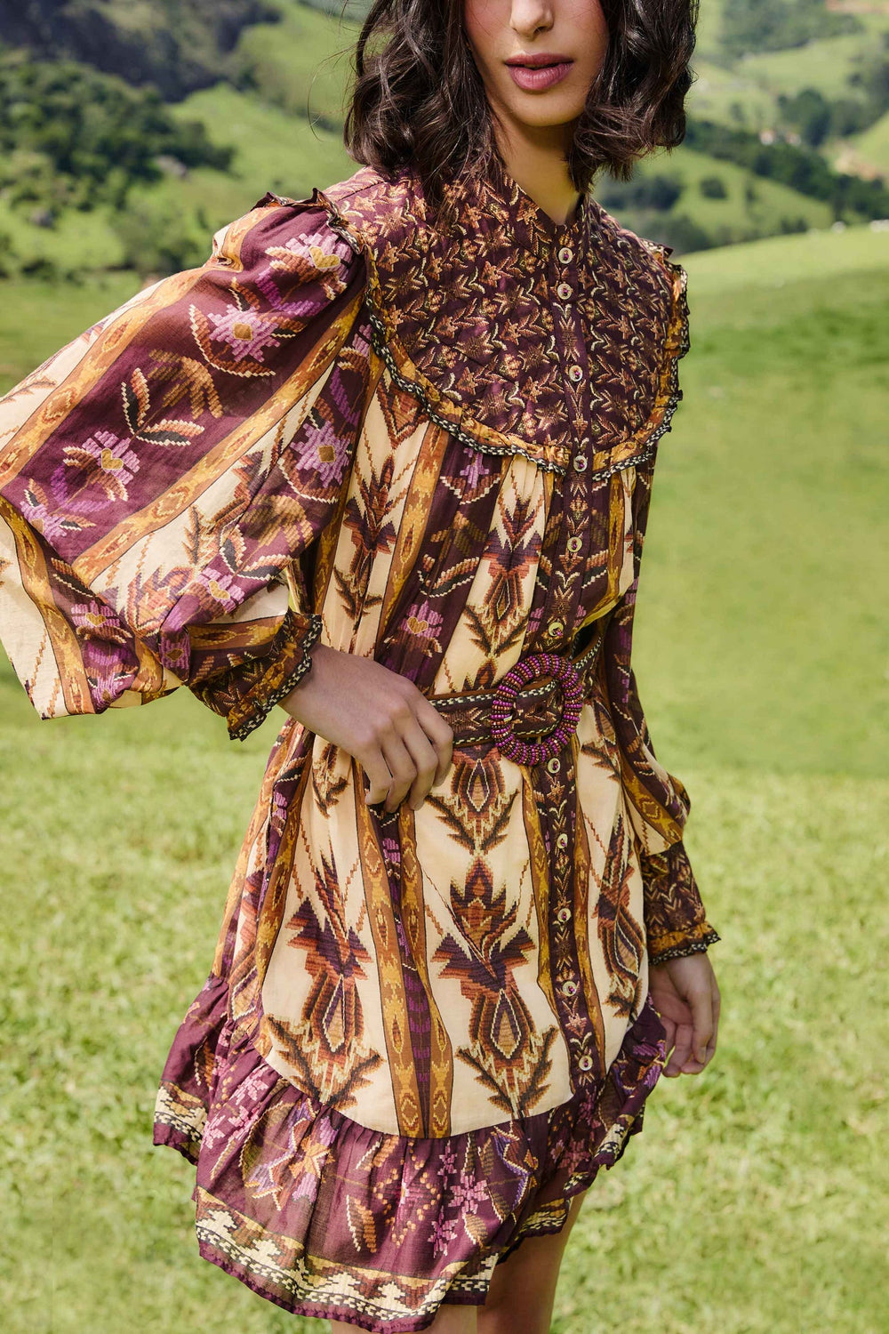 Sand Embroidered Tapestry Long Sleeve Mini Dress | FARM Rio | FARM Rio Women