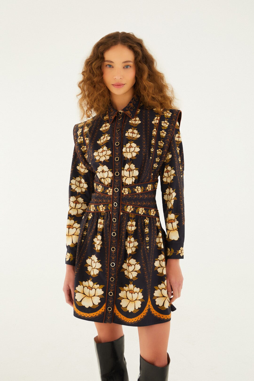 Black Embroidered Flowers Long Sleeve Organic Cotton Mini Dress | FARM Rio | FARM Rio Women