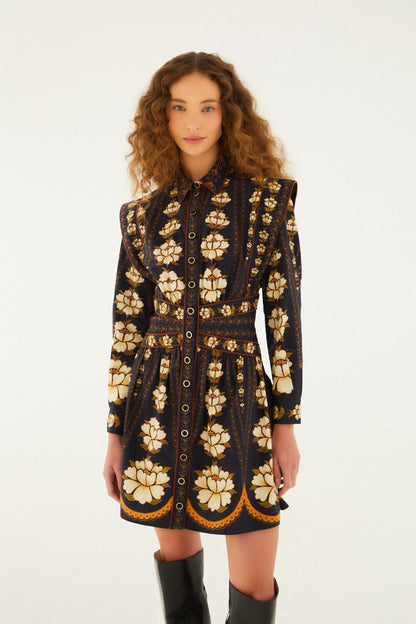 Black Embroidered Flowers Long Sleeve Organic Cotton Mini Dress | FARM Rio | FARM Rio Women