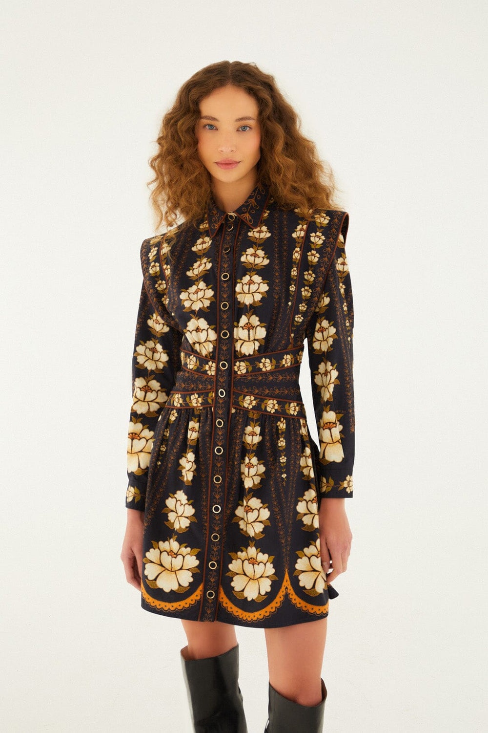 Black Embroidered Flowers Long Sleeve Organic Cotton Mini Dress | FARM Rio | FARM Rio Women