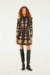 Black Embroidered Flowers Long Sleeve Organic Cotton Mini Dress | FARM Rio | FARM Rio Women