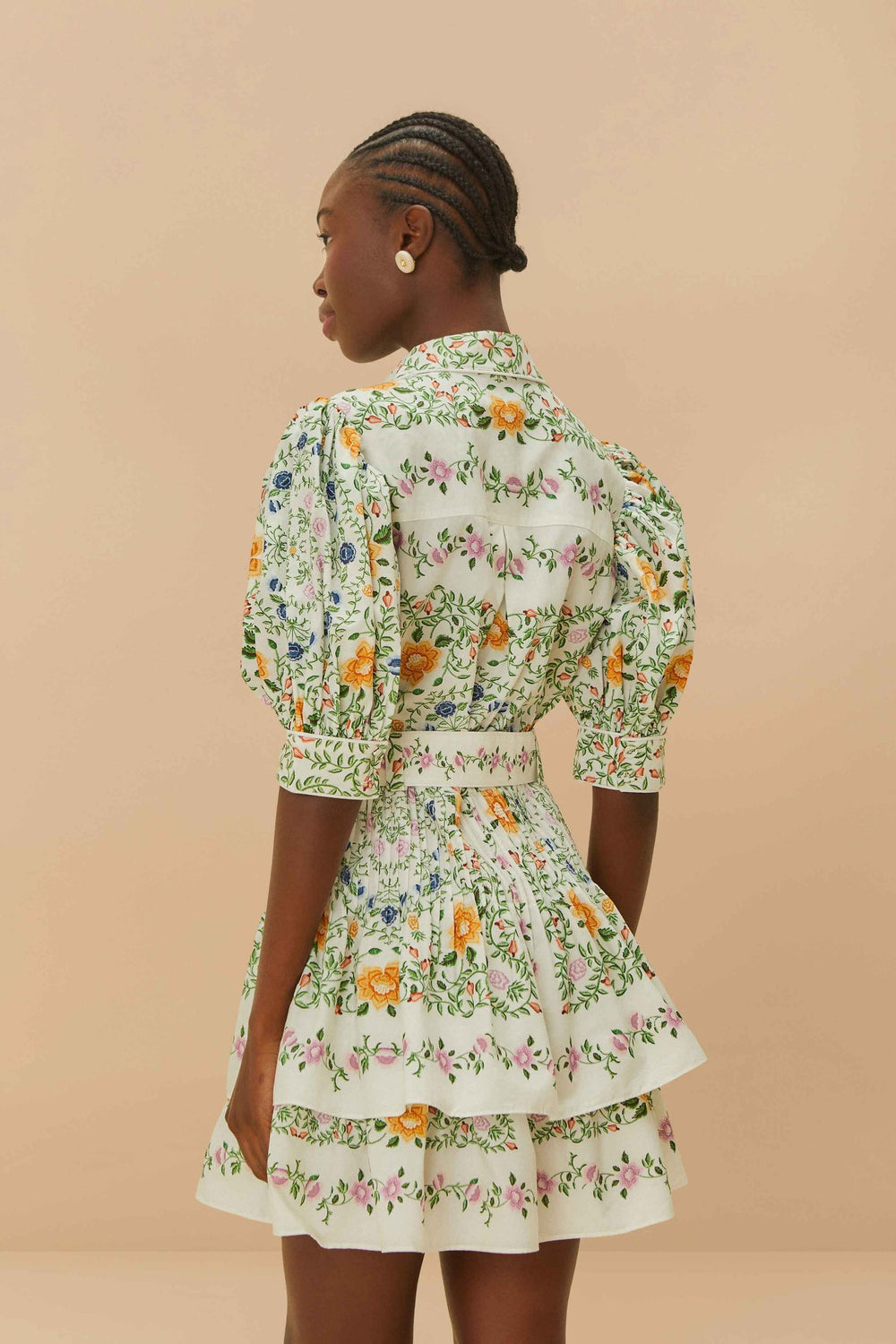 Off-White Folk Floral Short Sleeve Mini Dress | FARM Rio Women