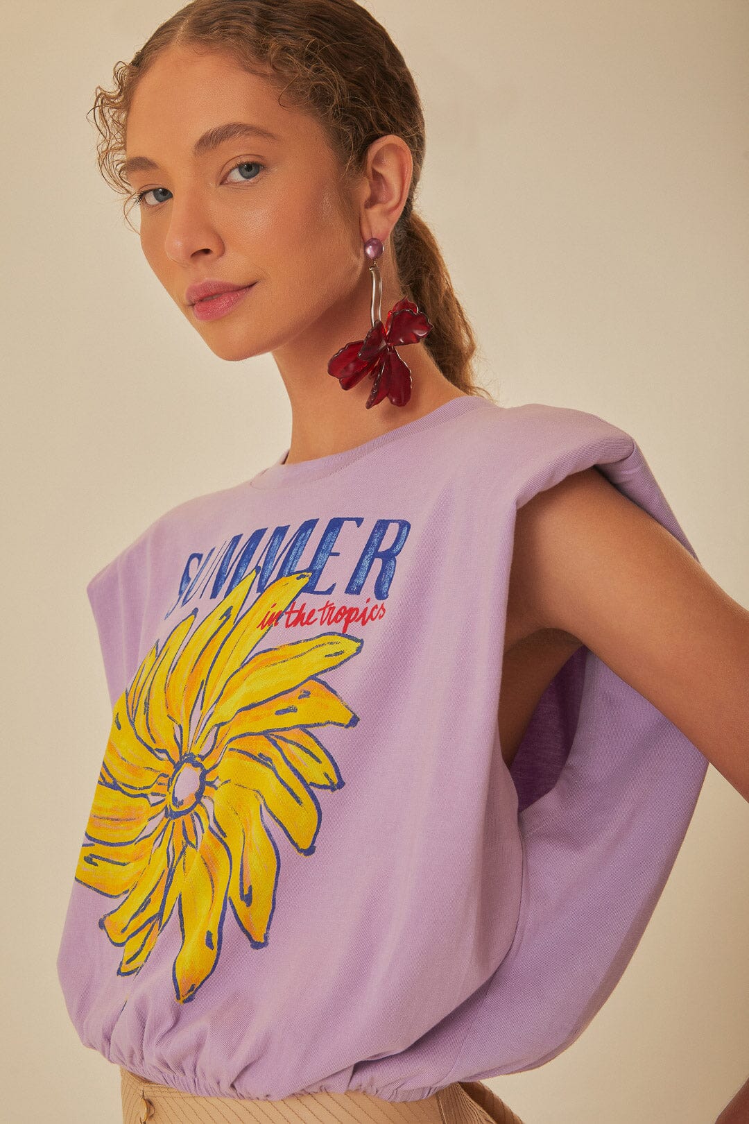 Lilac Summer In The Tropics Shoulder Pad Organic Cotton T-Shirt | FARM Rio Women