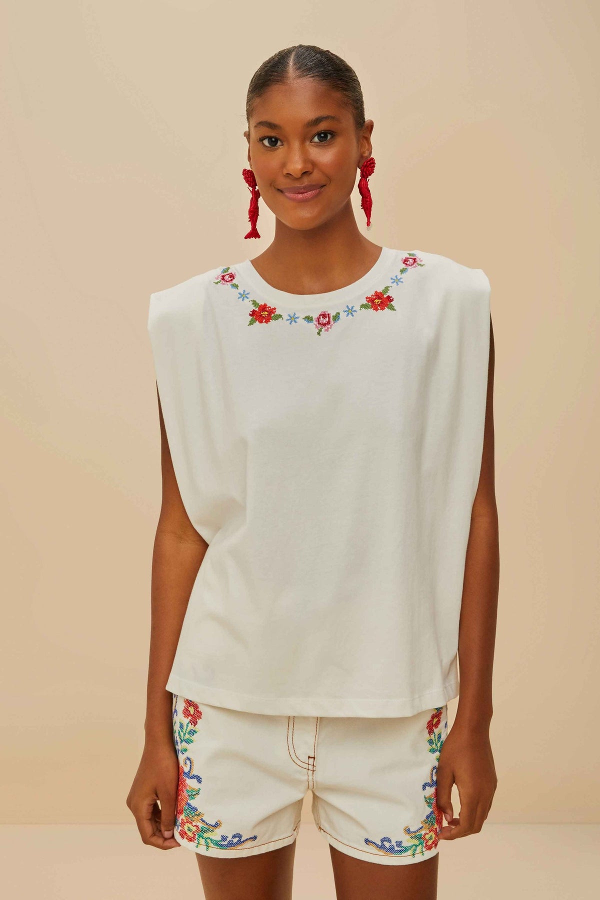 Off-White Cross Stitch Flowers Organic Cotton T-Shirt | FARM Rio Women