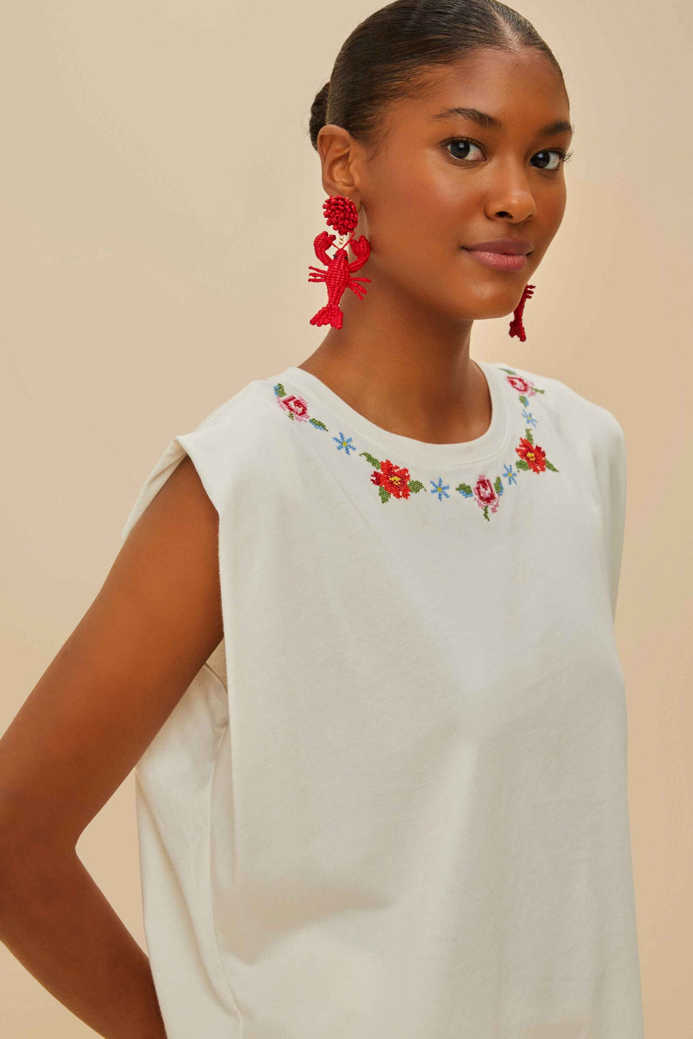 Off-White Cross Stitch Flowers Organic Cotton T-Shirt | FARM Rio Women