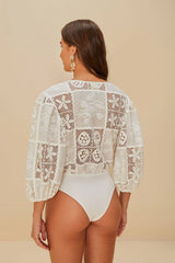 Off-White Rosy Eyelet Puff Sleeve Bodysuit | FARM Rio Women