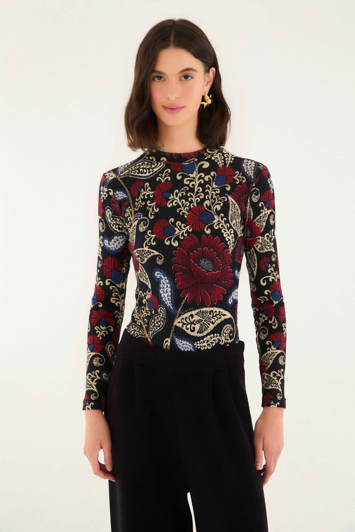Black Valentina High Neck Long Sleeve Jersey Bodysuit | FARM Rio | FARM Rio Women