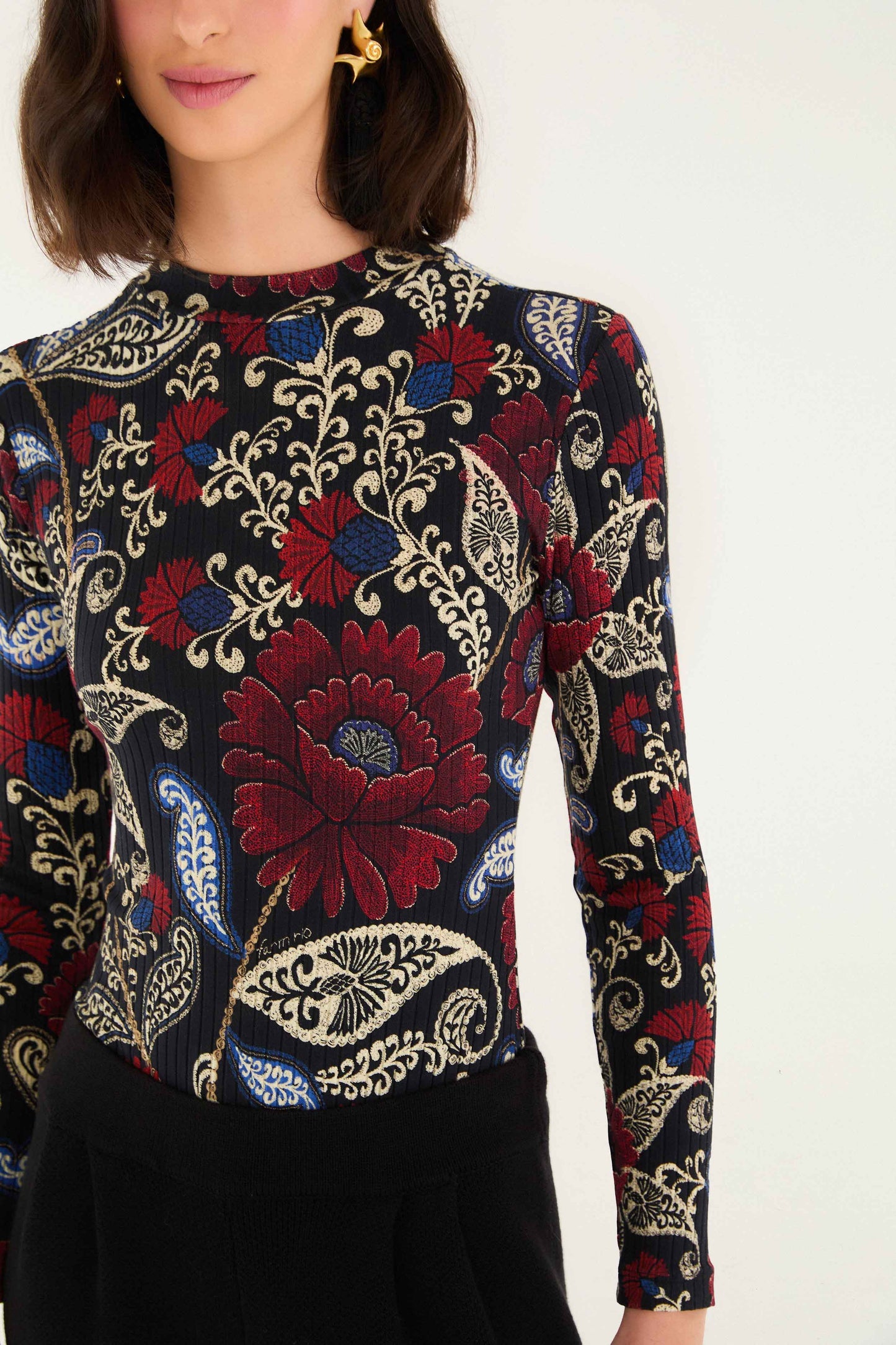 Black Valentina High Neck Long Sleeve Jersey Bodysuit | FARM Rio | FARM Rio Women