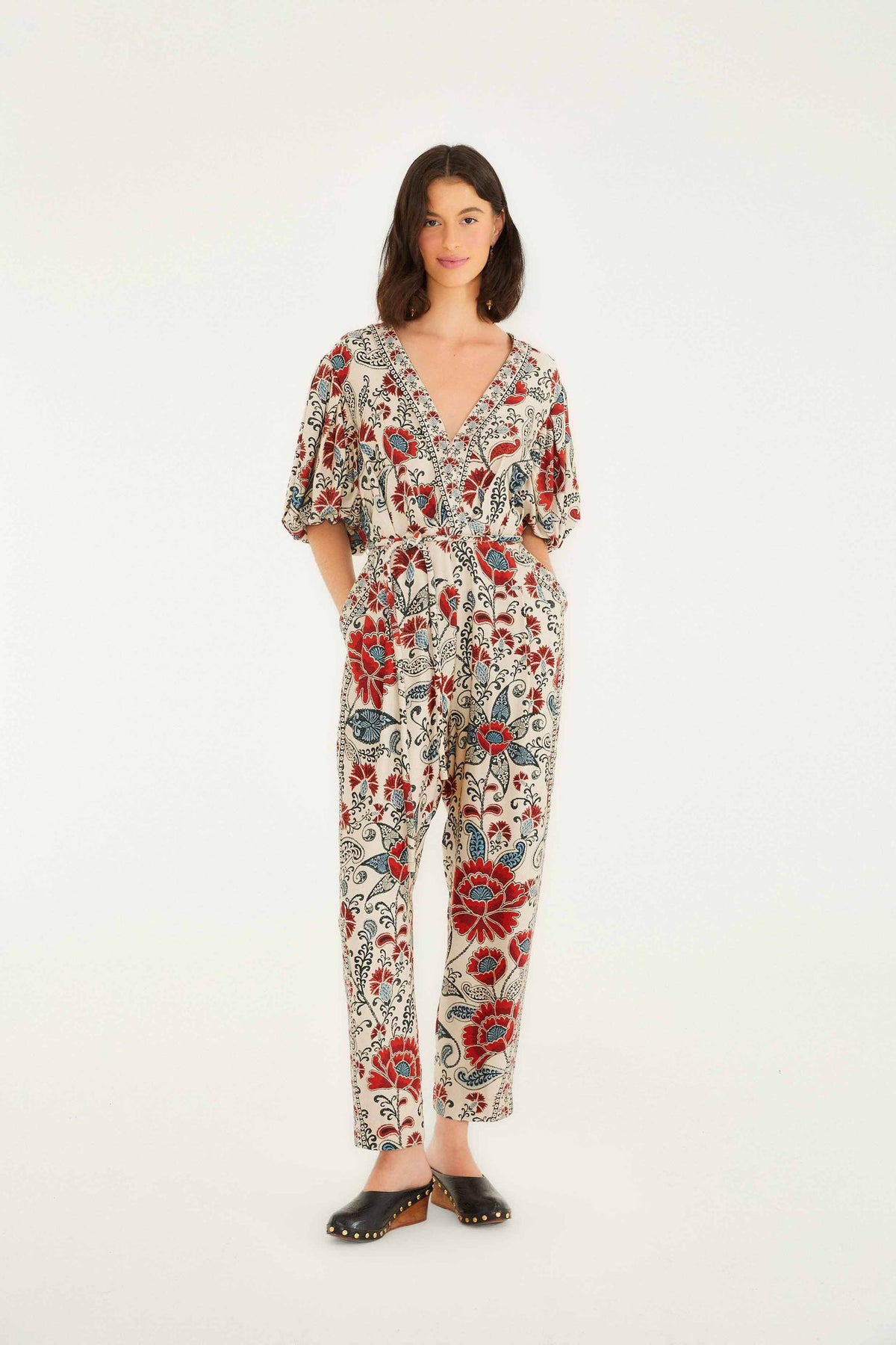Sand Francesca V Neckline Short Sleeve Jumpsuit | FARM Rio | FARM Rio Women