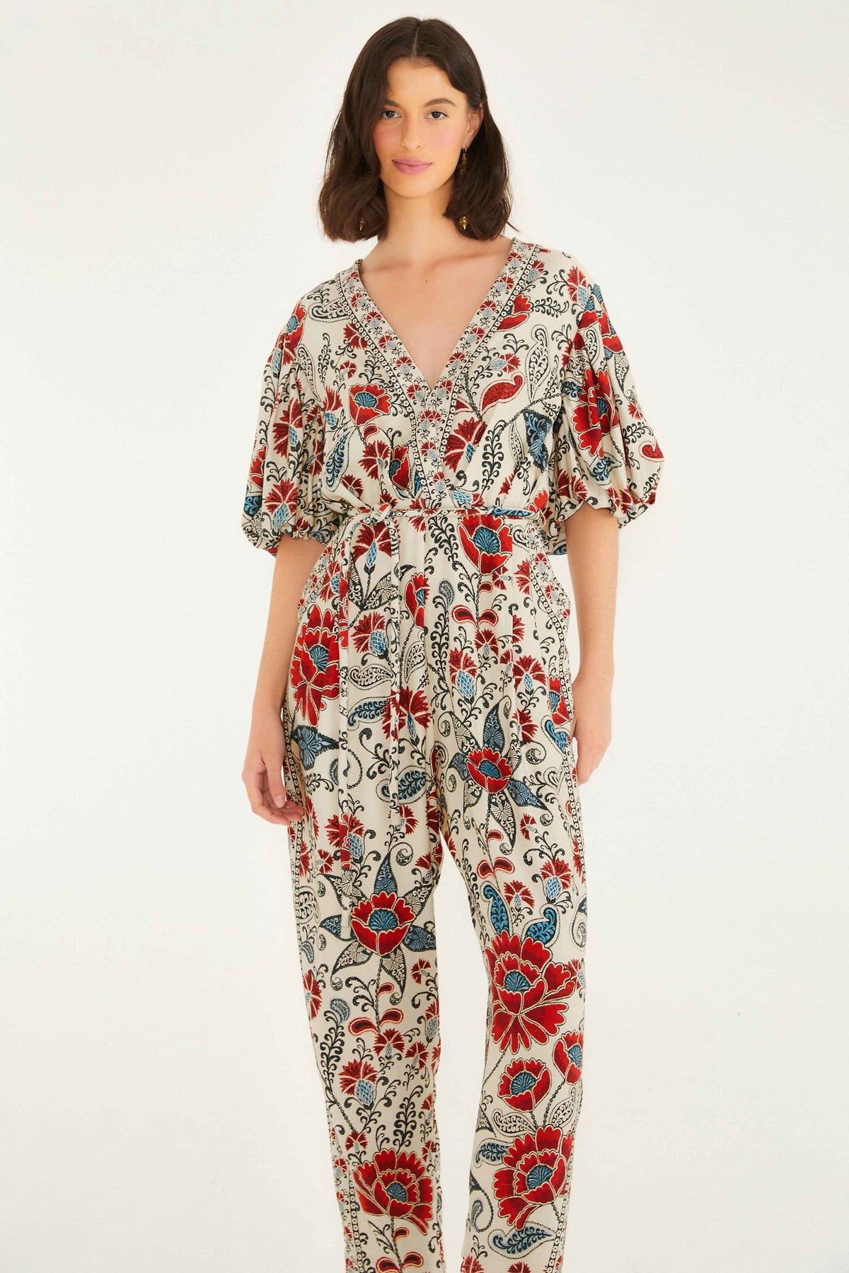 Sand Francesca V Neckline Short Sleeve Jumpsuit | FARM Rio | FARM Rio Women