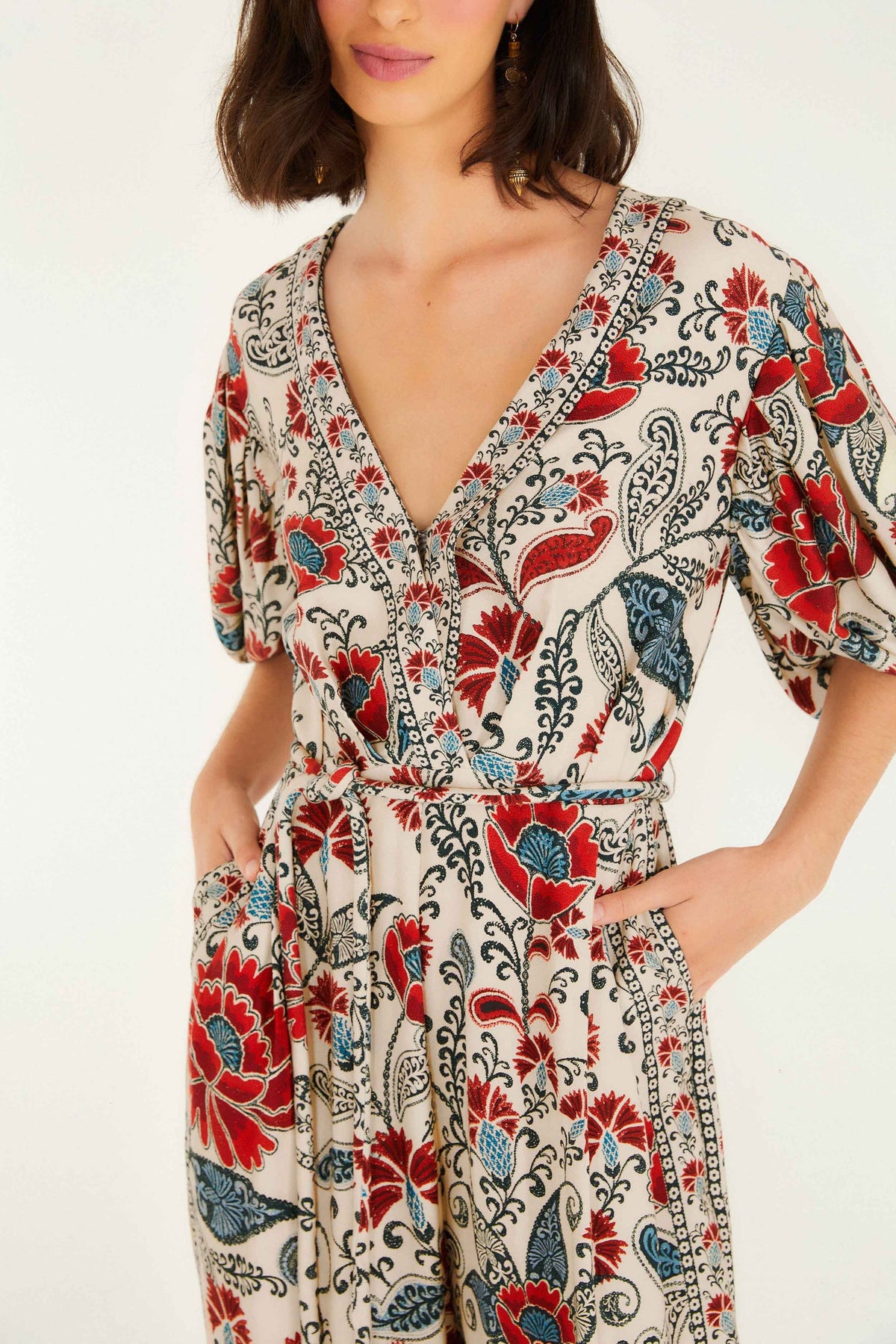 Sand Francesca V Neckline Short Sleeve Jumpsuit | FARM Rio | FARM Rio Women