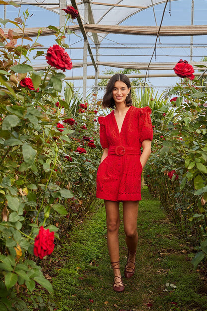 Red Eyelet Beaded Belt Romper | FARM Rio Women
