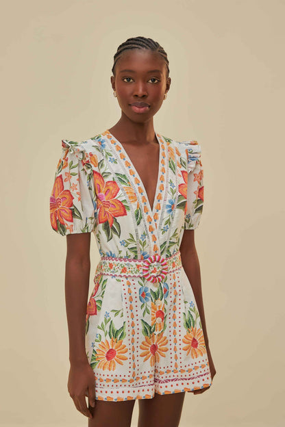 Off-White Bloom Garden LENZING™ ECOVERO™ Euroflax™ Romper | FARM Rio Women