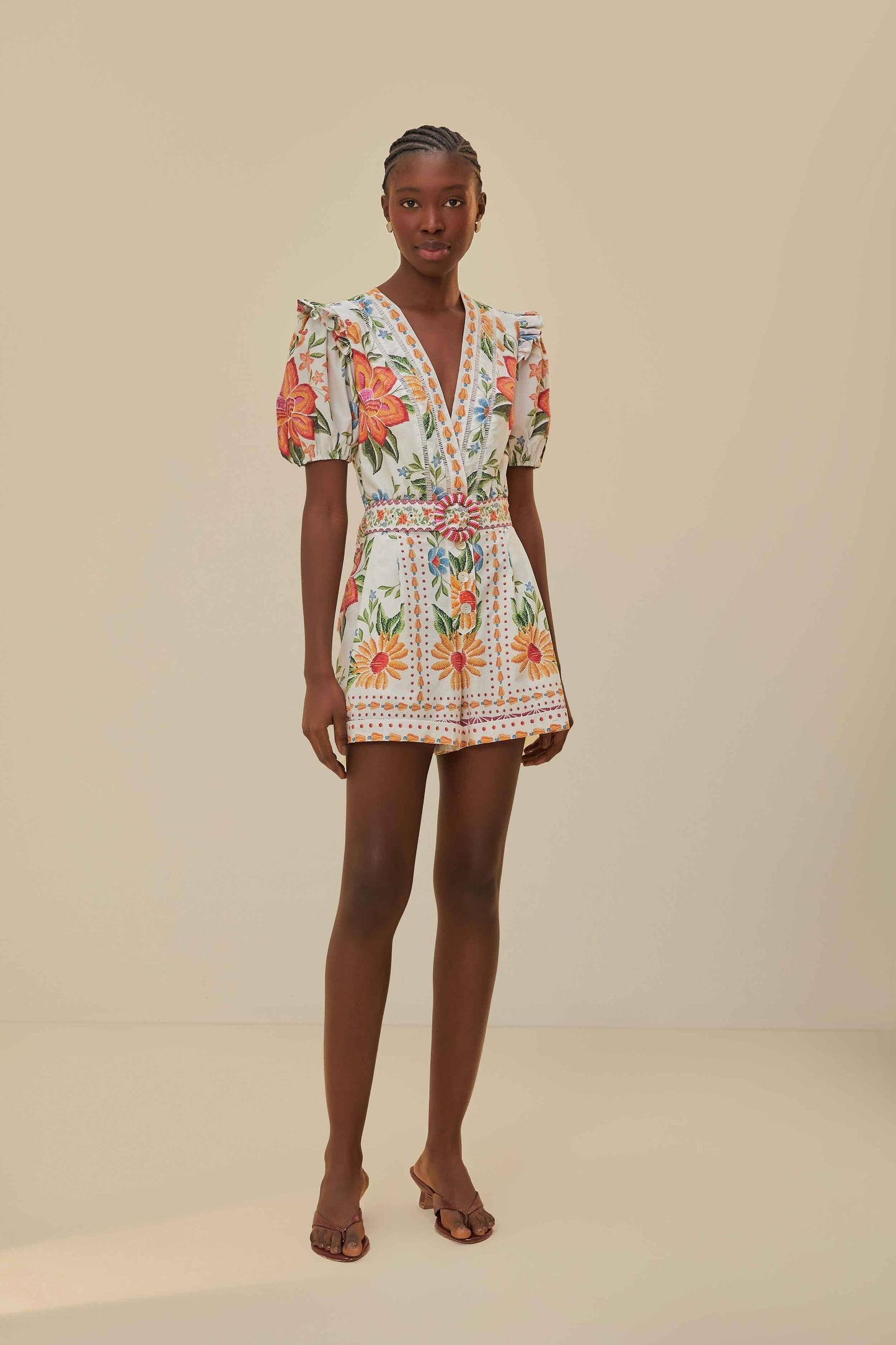 Off-White Bloom Garden LENZING™ ECOVERO™ Euroflax™ Romper | FARM Rio Women