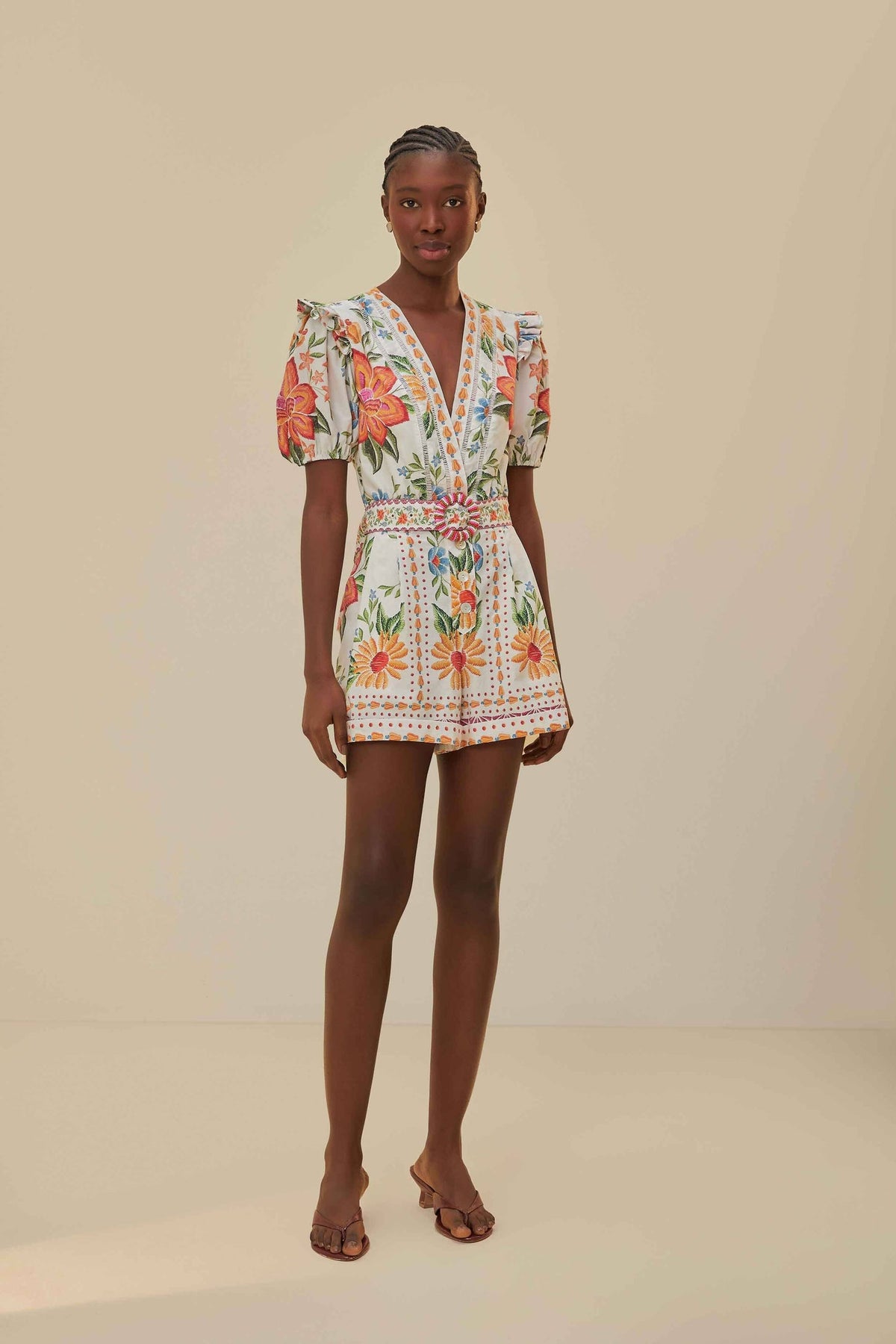 Off-White Bloom Garden LENZING™ ECOVERO™ Euroflax™ Romper | FARM Rio Women