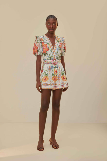 Off-White Bloom Garden LENZING™ ECOVERO™ Euroflax™ Romper | FARM Rio Women