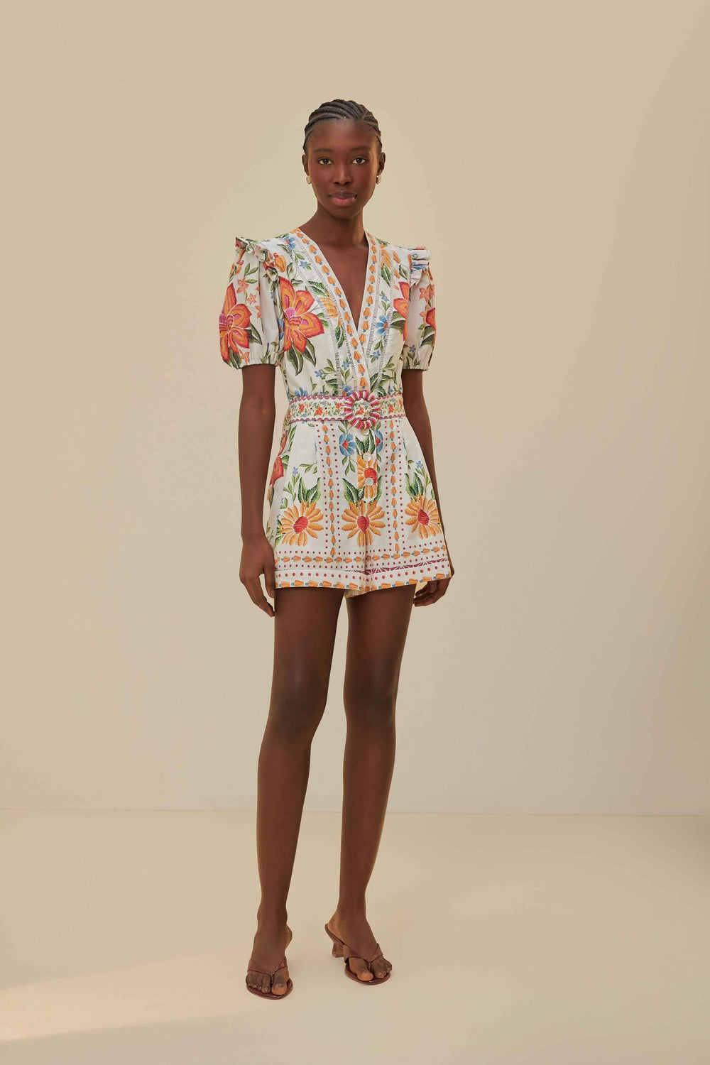 Off-White Bloom Garden LENZING™ ECOVERO™ Euroflax™ Romper | FARM Rio Women