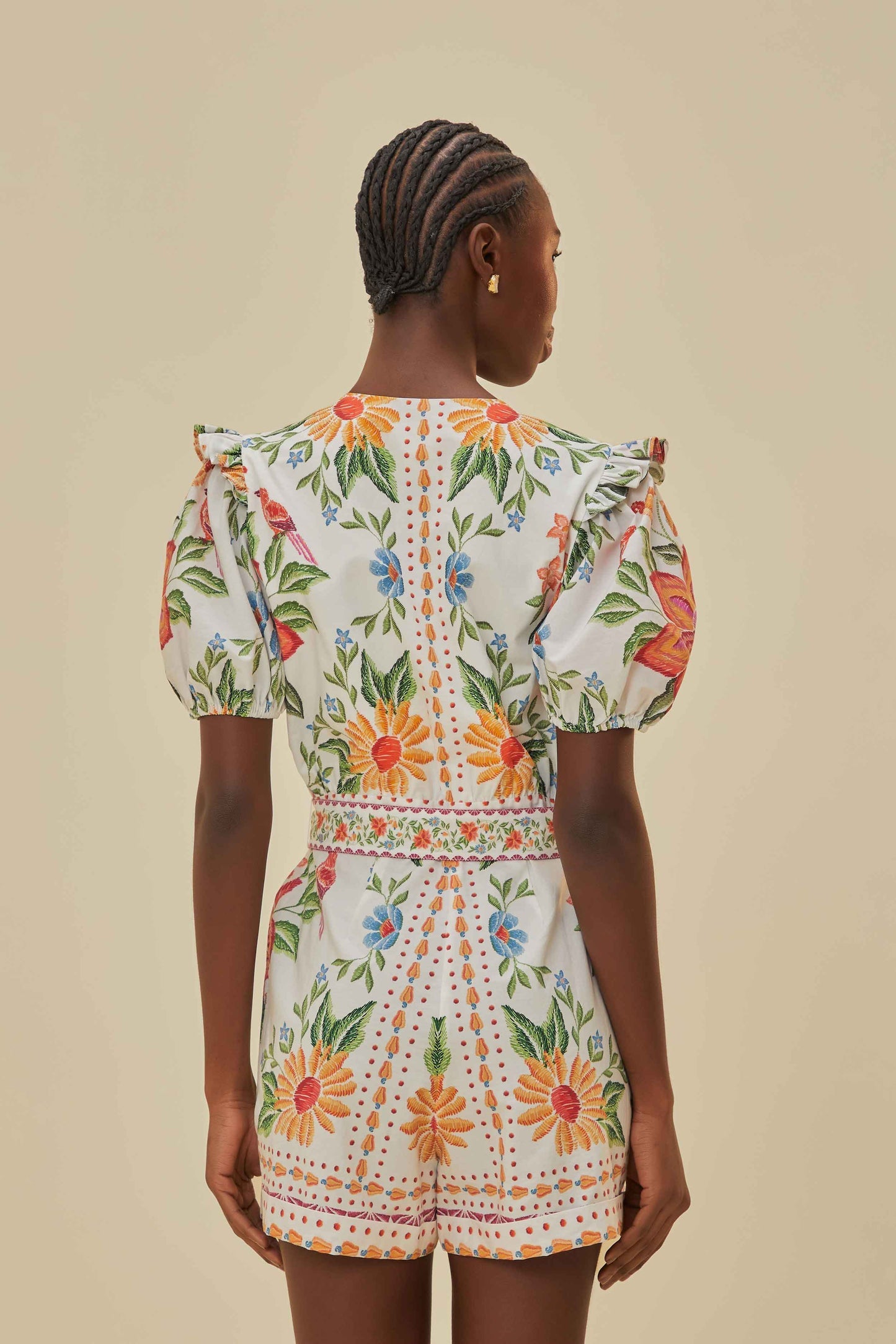 Off-White Bloom Garden LENZING™ ECOVERO™ Euroflax™ Romper | FARM Rio Women