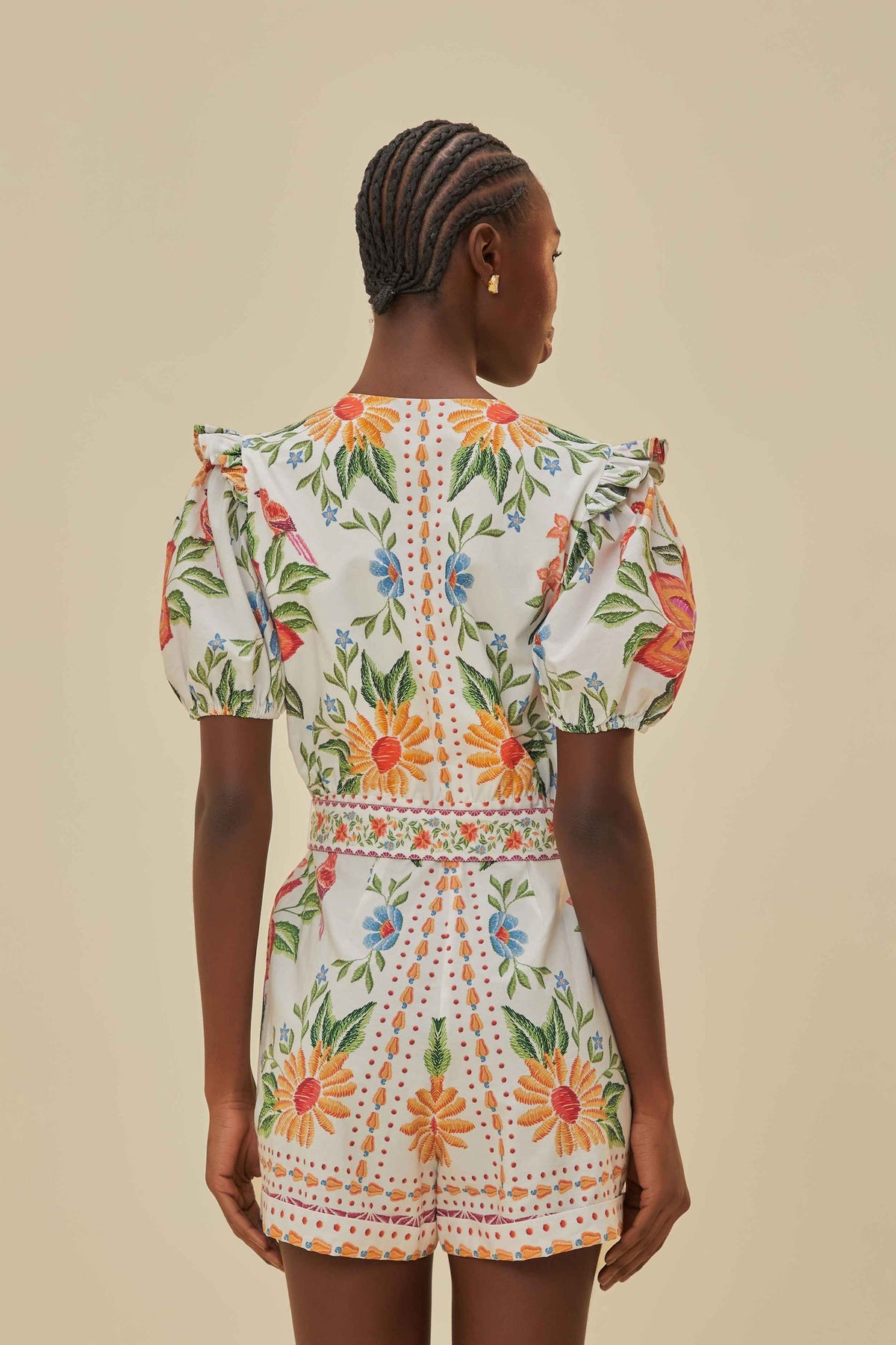 Off-White Bloom Garden LENZING™ ECOVERO™ Euroflax™ Romper | FARM Rio Women