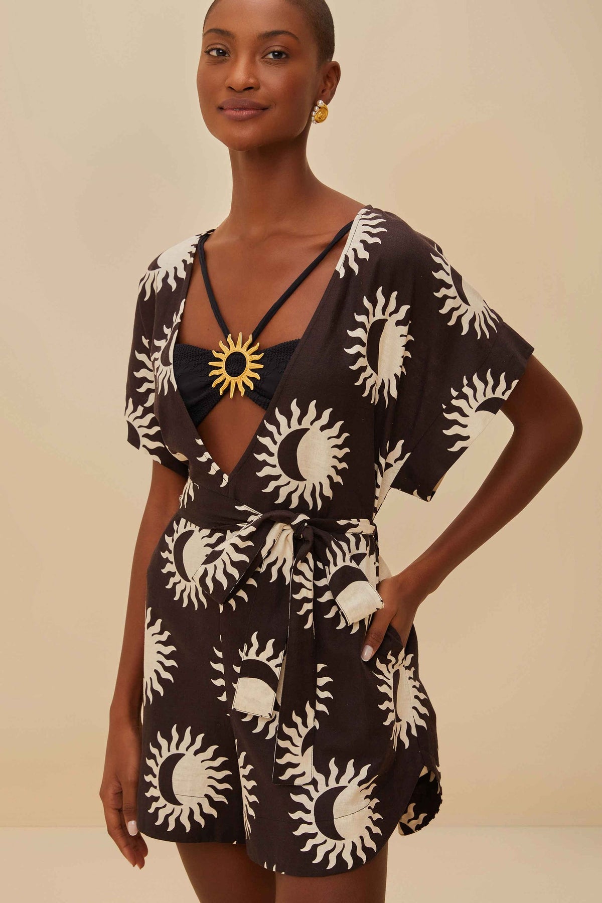 Black Sunny Moon LENZING™ ECOVERO™ Euroflax™ Romper | FARM Rio Women