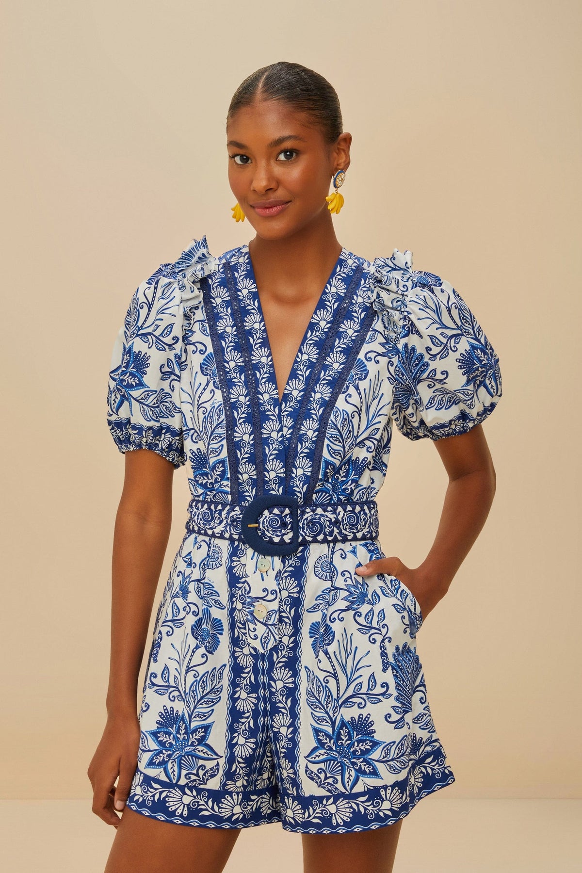 Off-White Shell Garden Organic Cotton Romper | FARM Rio Women